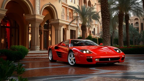 Radiant red supercar rests proudly before a grand villa