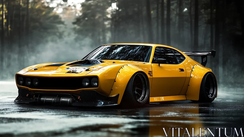 Yellow widebody race car cuts through misty forest road.