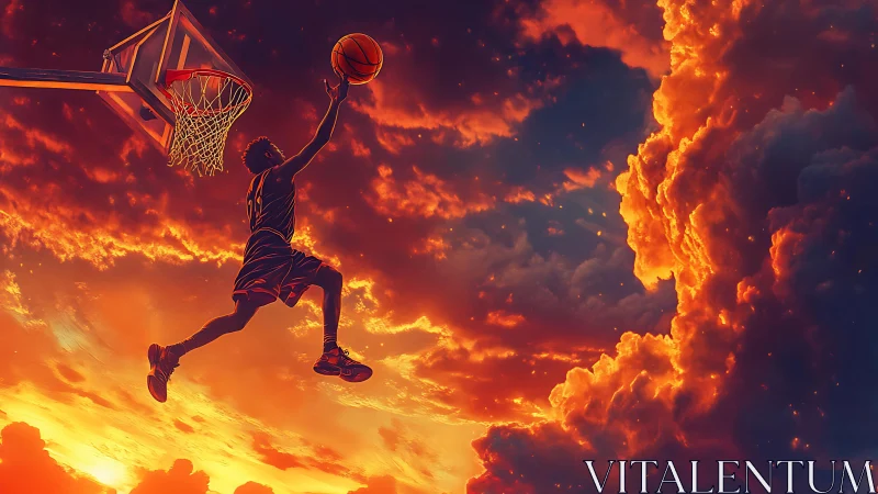 Basketball player dunking against vivid fiery sunset sky.
