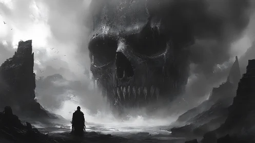Monochrome fantasy landscape with colossal skull stormfront.