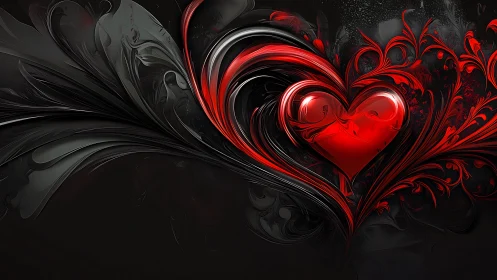 Red Luminous Heart Against Black Ornamental Background