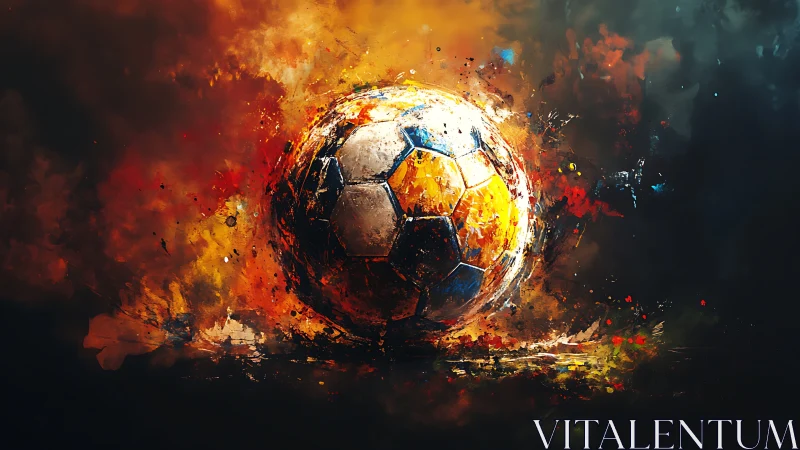 Exploding soccer ball ignites abstract fiery motion field.
