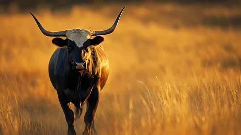 Horned black bull stands in golden backlit grassland at dusk