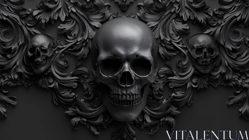 Baroque midnight skulls entangled in swirling gothic leaves.