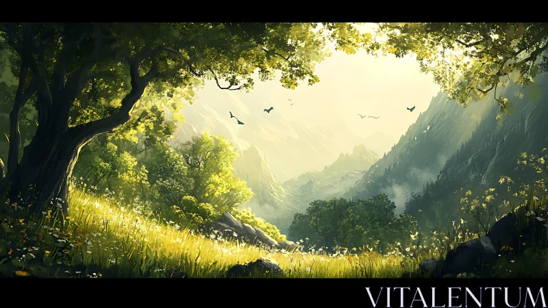 Mountain valley landscape with golden sunlight filtering through forest canopy