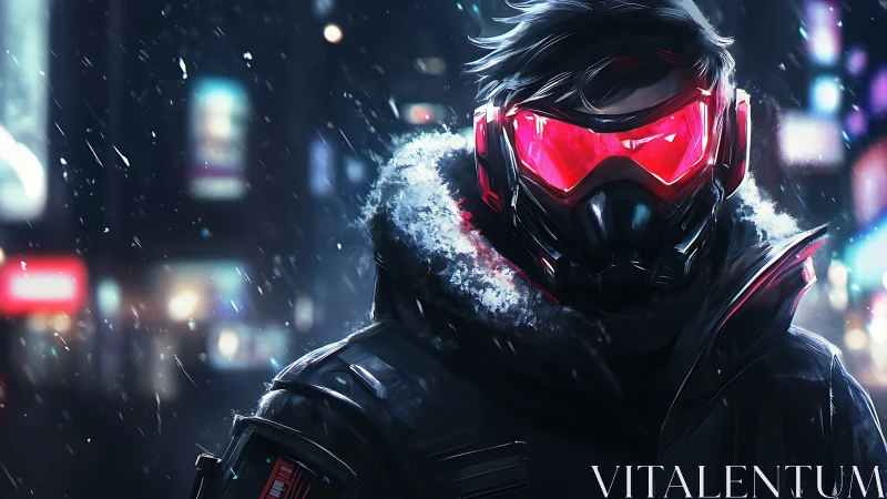 Snow-dusted cyberpunk wanderer stands in neon winter night