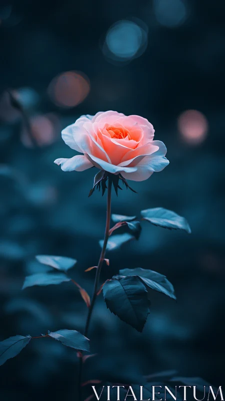 Coral Rose Bloom Against Deep Teal Bokeh Background