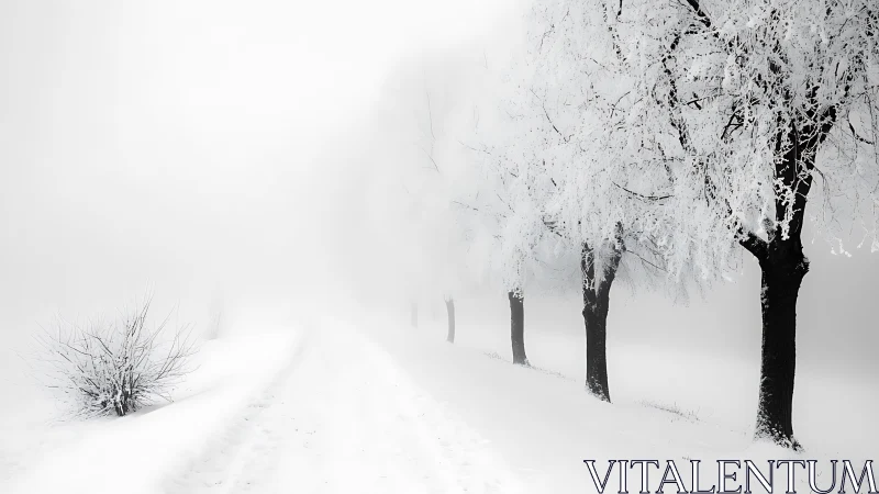 Quiet winter road lined with softly frosted trees and mist.