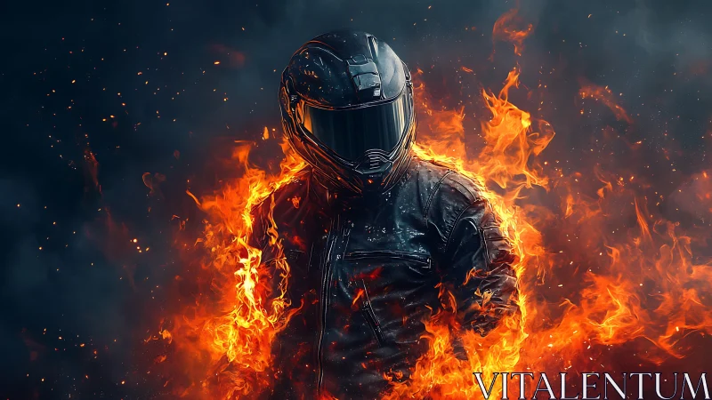 Flame clad rider pauses mid inferno, wrapped in liquid fire