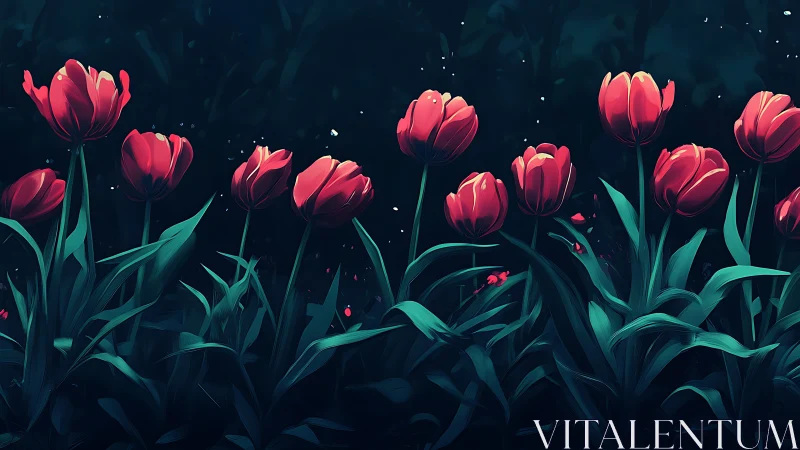 Glowing Tulips in Dark Garden Light.