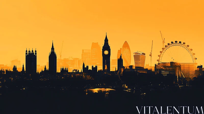 London urban skyline silhouette under uniform orange sky.