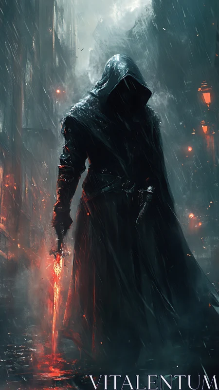 Hooded warrior strides through rain with molten blade and backlit fog