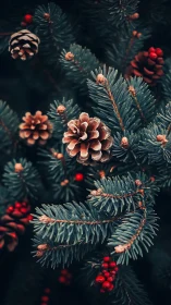 Frosted pinecones and berries punctuate dense evergreen boughs