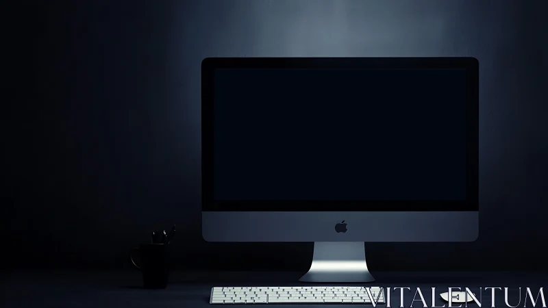 Minimal desktop workstation in low key studio lighting.