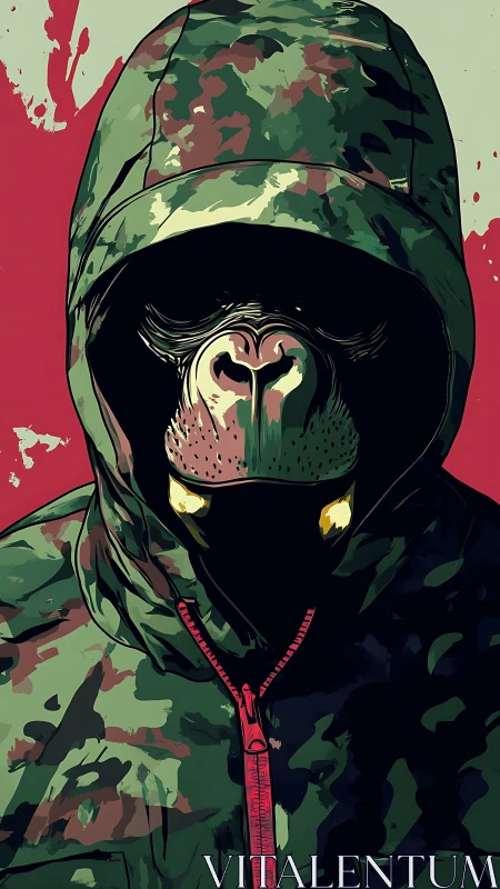 Camouflage hooded gorilla portrait in bold vector art.