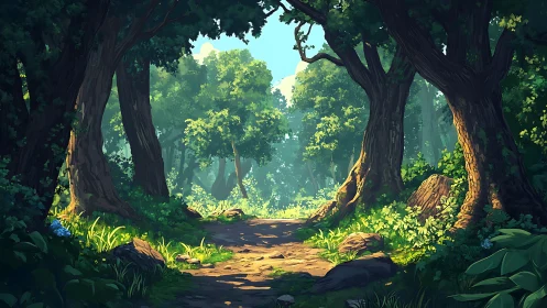 Luminous Forest Passage: Ancient Giants Cradle Sunlit Sanctuary