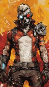 Masked rebel explorer in bold comic-style wasteland gear.