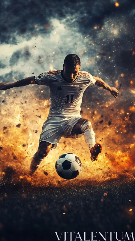 Soccer player strikes ball amid explosive particle effects