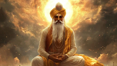 Meditating elder guru in golden robes under radiant solar halo