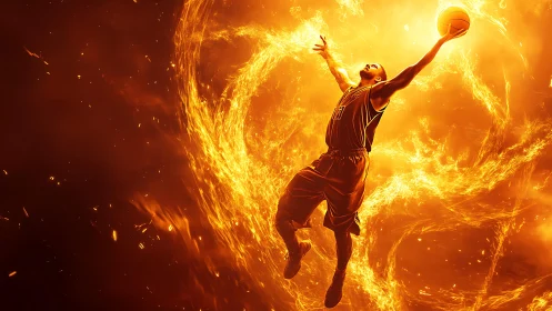 Basketball player executing fiery dunk within plasma vortex.