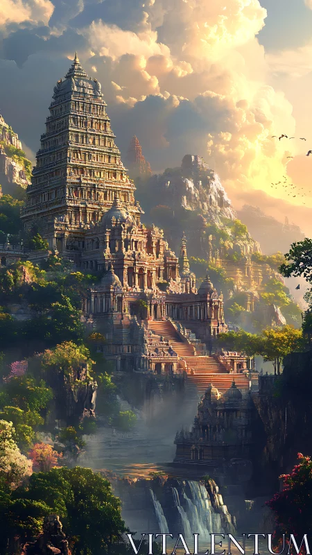 Sunlit mountain temple rises above misty waterfalls.