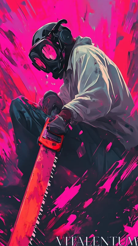 Electric energy surrounds a masked figure with vivid chainsaw