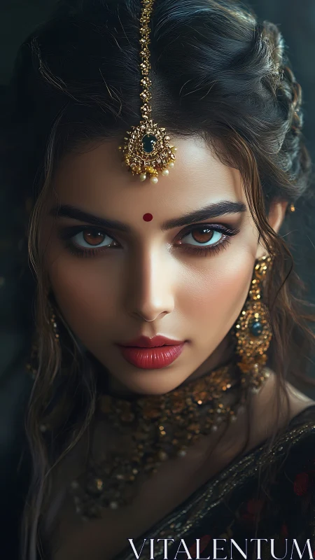 Ember-eyed muse crowned in antique gold and quiet fire.