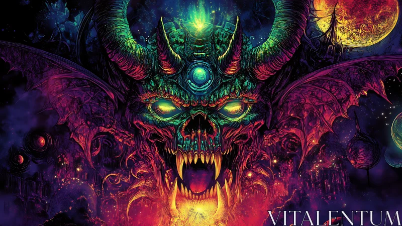 Demonic horned skull rendered in high-contrast neon colors