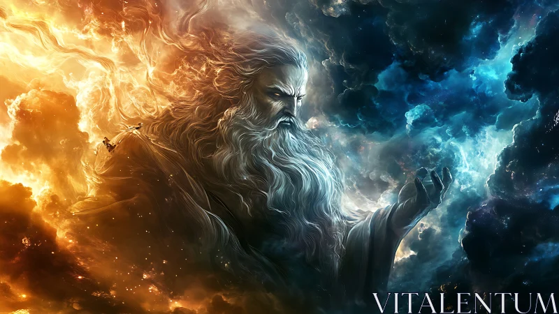 Celestial deity shaping cosmos amid fire and storm clouds.