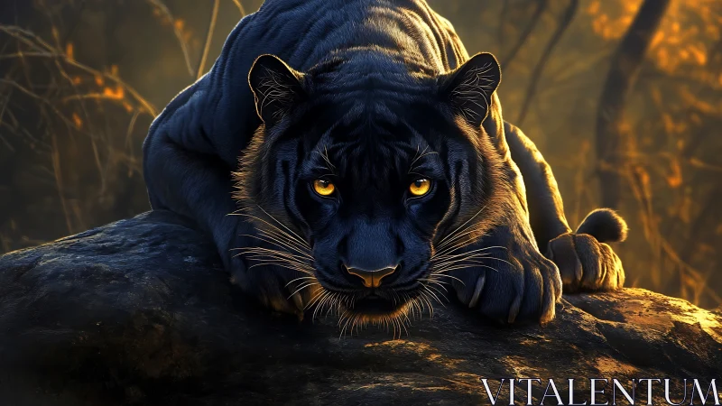 Black panther resting on rock under warm forest light.