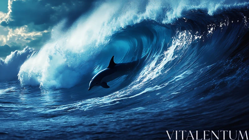 Solitary dolphin within cresting ocean wave at dusk.