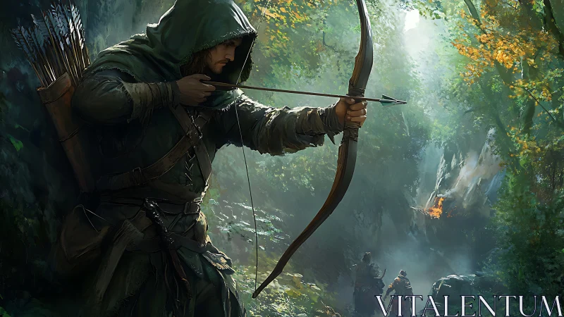 Forest archer holds steady, guarding a misty woodland path.