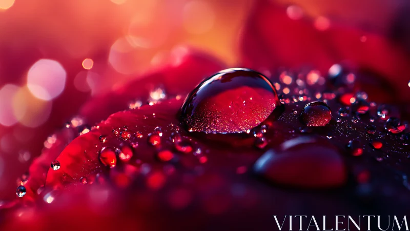 Macro water droplets glow on crimson petal under warm bokeh