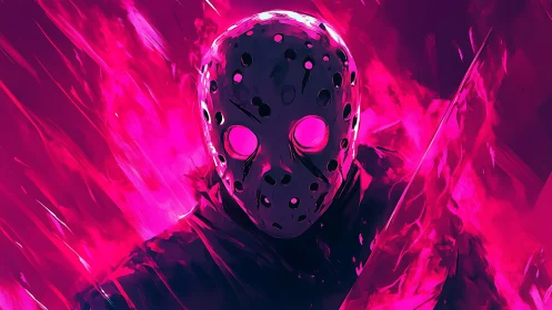 Neon masked phantom stalks through electric magenta flames