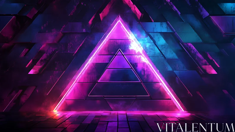 Neon triangular portal glows in a futuristic cyber chamber