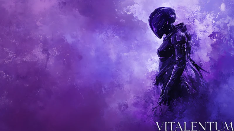 Solitary armored figure in purple abstract digital void.