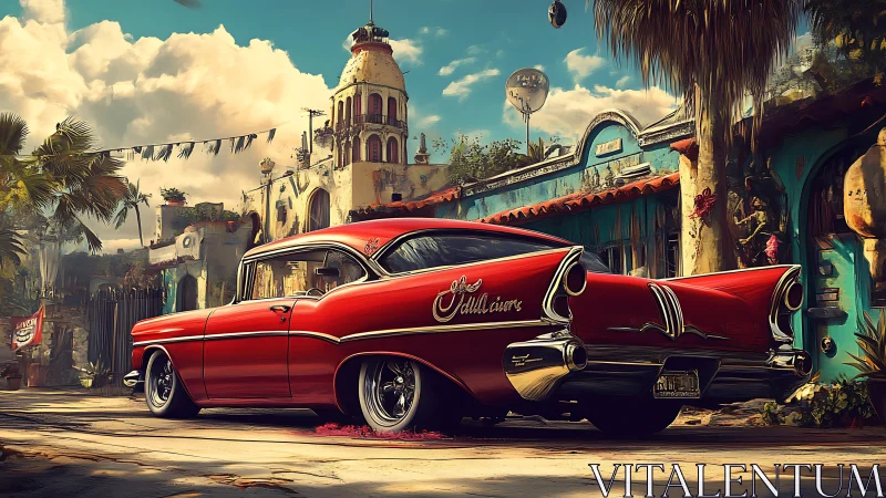 Crimson lowrider dreams roll through sunlit tropical streets.