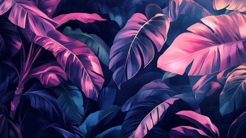 Chromatic banana foliage in neon-duotone digital rendering.