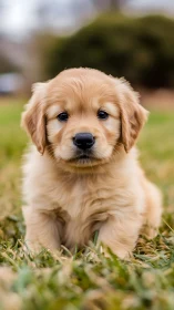 Soft-sunlit golden retriever puppy posing on fresh spring grass.
