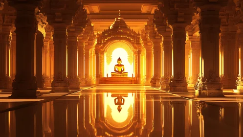 Golden temple hall frames radiant seated Buddha figure.