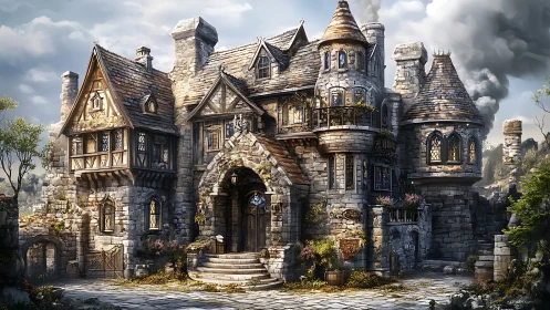 Medieval stone manor glows with warm, enchanting lamplight.