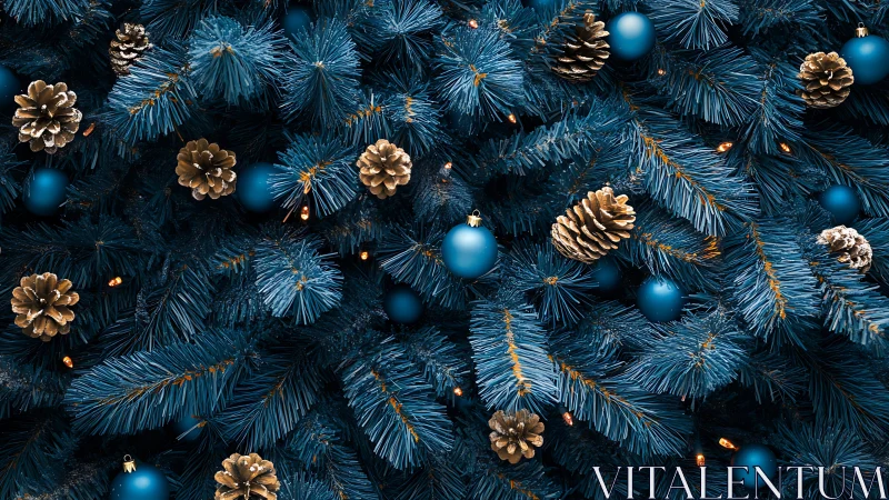Blue fir branches with golden pinecones create festive contrast