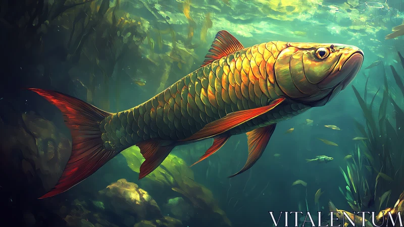 Golden-scaled fish gliding through sunlit aquatic forest.