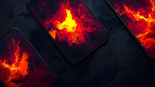 Modern smartphones with fiery abstract wallpaper on dark background.