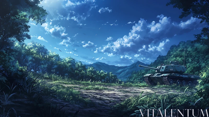 Tank positioned on forest trail under high-contrast summer sky