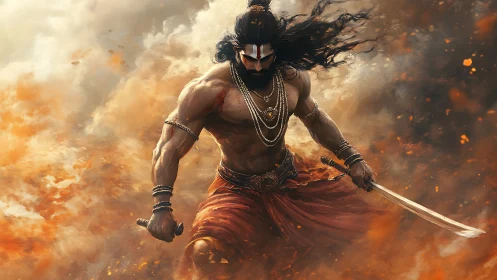 Warrior demigod strides through swirling embers with sword drawn