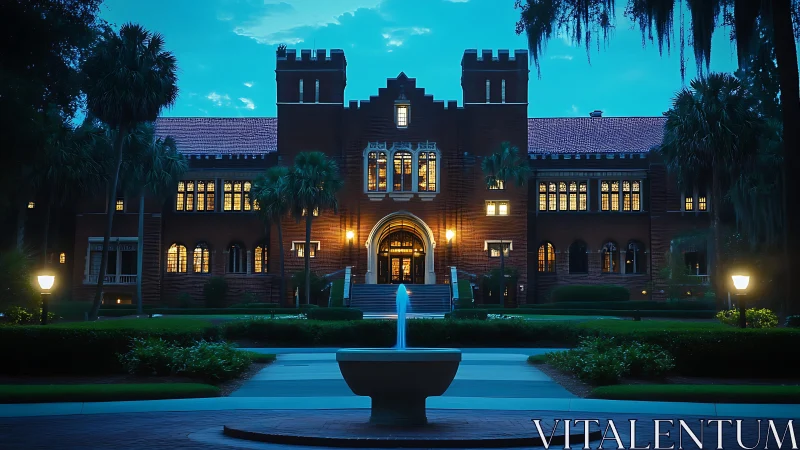 Illuminated campus hall glows warmly against the deep blue dusk