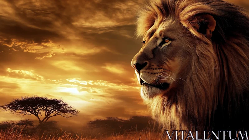 Male lion profile under dramatic golden savanna sunset sky