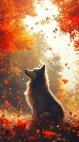 Serene dog basks in golden autumn light among falling leaves