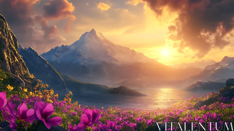 Sunset orchestra crowns a mountain above glowing flower lake